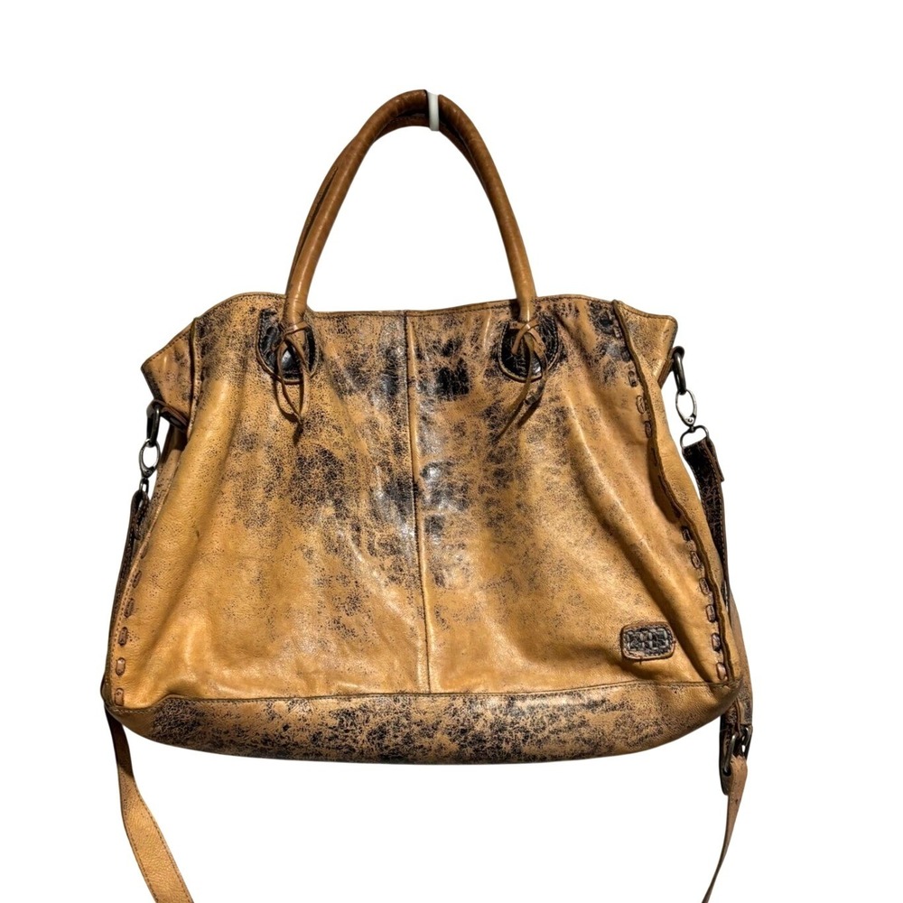 Bed Stu Distressed Leather Tote Bag Tan Black Crackle Whipstitch Crossbody Large